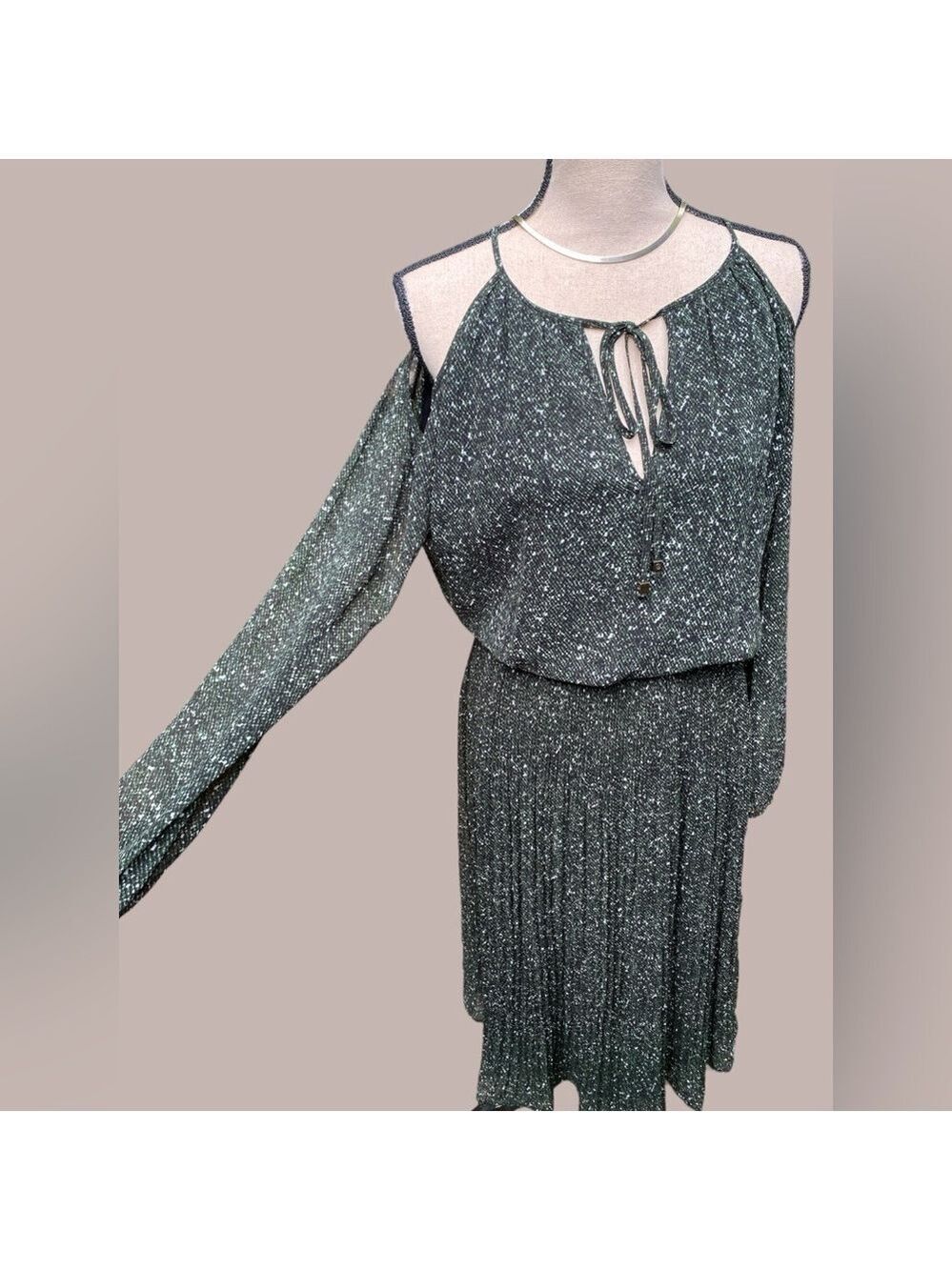 Michael Kors-Small dark green cold shoulder dress w/sheer sleeves. Exc condition